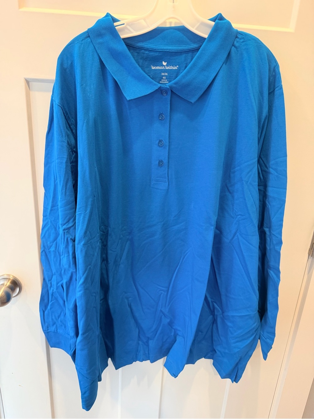 NWT Woman Within 4X Royal Blue Cotton Long Sleeve Polo Shirt Plus Size